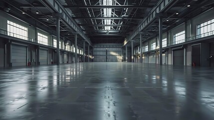 Empty floor, interior of industrial, commercial building. Construction by metal, steel, concrete. Modern factory, warehouse, hangar for backgroud. 