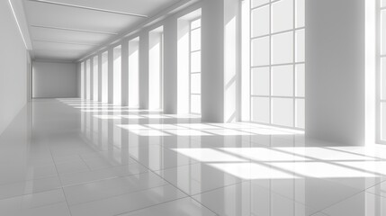 Obraz premium white empty space in room, ceramic tile floor in perspective, window and ceiling strip light. Interior home design look clean, bright, shiny surface 