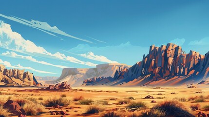 Naklejka premium Stunning desert landscape with rocky cliffs under a clear blue sky, featuring a horizon of rugged mountains and dry grass in the foreground. 