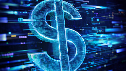 A digital representation of the dollar sign, made up of intricate patterns of binary code. The dollar sign is prominently displayed in the center.
