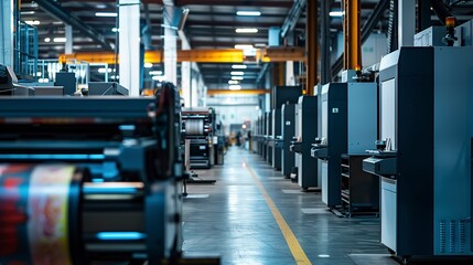 Fototapeta premium The production floor of a big digital printing company with large print machines printing packaging designs