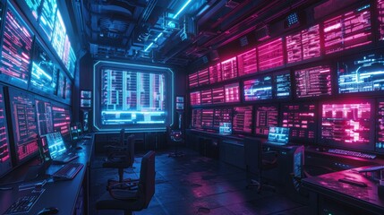 Obraz premium A Room Full of Computer Monitors and Keyboards With Neon Lights on the Wall Behind Them - Generative AI