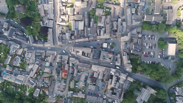 Aerial top-down view of Holsworthy town centre, highlighting the street layout and building arrangement, Devon, UK