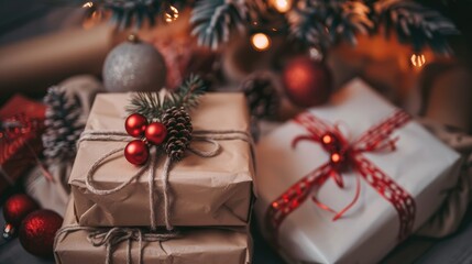 Attractively packaged presents beneath holiday tree in lounge