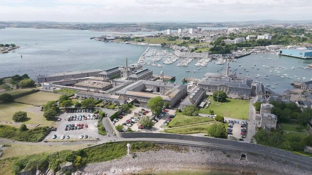 Aerial of the Royal William Yard with Devonport and Stonehouse vista in Plymouth UK