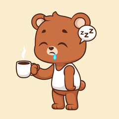 Cute Sleepy Bear Holding Coffee Cartoon Vector Icon