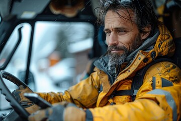 Naklejka premium Man in thirties in yellow work jacket, smiling at phone while sitting in truck outdoors