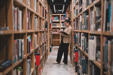 In the library, a woman, deeply engrossed in reading, stands by the bookshelf, surrounded by books,...