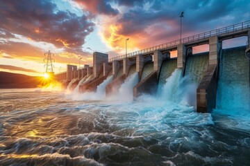 A sunset view of a hydroelectric dam, with the sky painted in warm hues and the water shimmering in the fading light