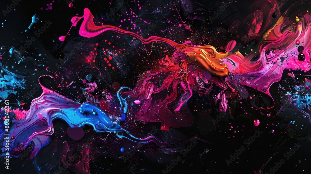 Poster abstract design featuring dynamic splashes of neon paint, creating a lively and artistic visual effe