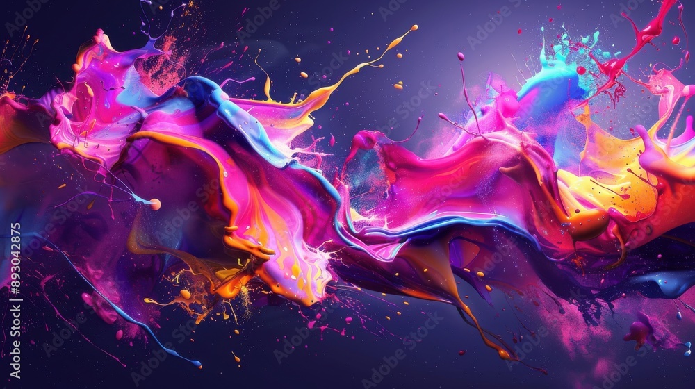 Poster abstract design featuring dynamic splashes of neon paint, creating a lively and artistic visual effe