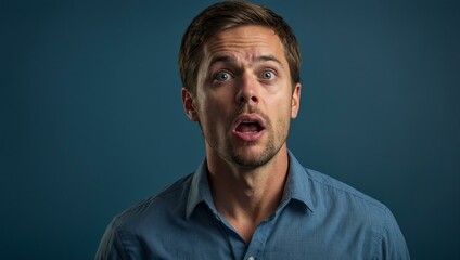 Obraz premium Surprised Man on Blue Background with wide eyes and mouth open in surprise, dressed in a blue shirt, standing against blue background.