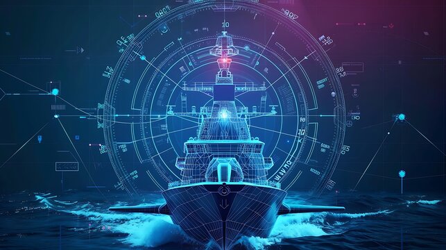 Futuristic digital naval warship with ocean navigation radar technology for cyber security future defense strategy control system and military innovation advancement concept.