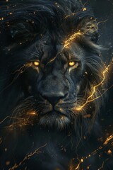 Naklejka premium A striking portrait of a lion illuminated by golden sparks, symbolizing strength and majesty in a mystical atmosphere.