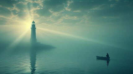 A tranquil scene of a lone boat near a lighthouse, shrouded in mist with rays of sunlight breaking through the clouds. © komgritch