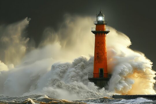 A vibrant lighthouse stands tall amid crashing waves, illuminating the stormy sea with hope and guidance.