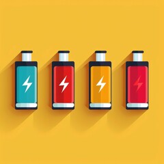 Colorful illustration of battery icons on a yellow background, symbolizing energy, power, and technology with flat design aesthetics.