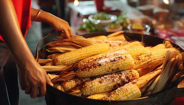 Elotes Traditional mexican food, corn cob in Mexico