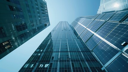 Solar panels on a skyscraper, integrating renewable energy into urban architecture