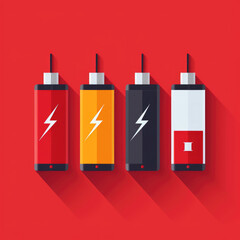 Obraz premium Flat design illustration of battery charge levels on a red background, representing energy, power, and technology concepts.