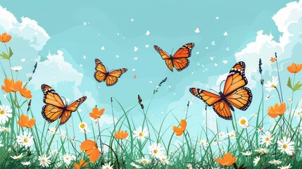 Illustration of vibrant butterflies flying over a field of wildflowers under a clear blue sky, capturing the essence of spring.