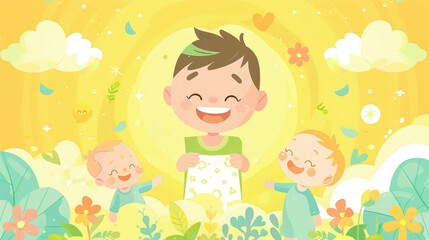 Joyful cartoon of kids playing in a sunny garden, surrounded by happy flowers and vibrant plants, creating a cheerful atmosphere.