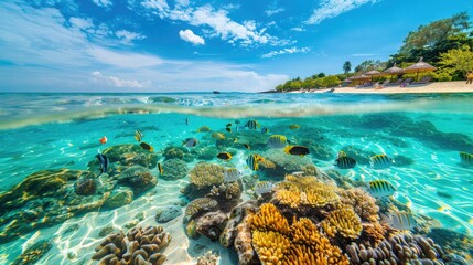 Stunning sea beach with crystal clear waters and vibrant marine life