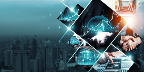 Futuristic business digital financial data technology concept for future big data analytic and business intelligence research for businessman analyst invest decisions making panoramic banner kudos