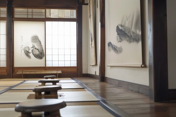 A serene art gallery with zen-like decor and Japanese ink paintings