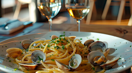 Spaghetti alle Vongole - Spaghetti with fresh clams, garlic, and white wine sauce., romantic Italian restaurant scene 