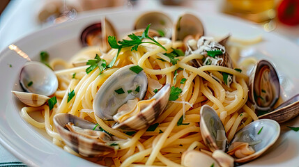 Spaghetti alle Vongole - Spaghetti with fresh clams, garlic, and white wine sauce., romantic Italian restaurant scene 