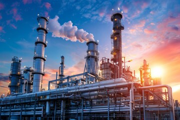 A powerful image of a gas processing plant with cooling towers emitting steam into the sky