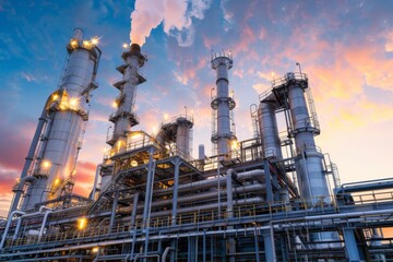 A powerful image of a gas processing plant with cooling towers emitting steam into the sky