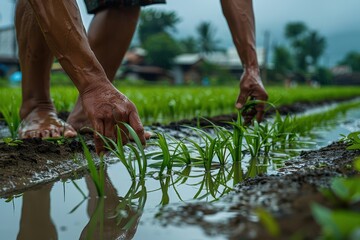 Planting Young Rice Seedlings in a Paddy Field: Careful Transplantation Process