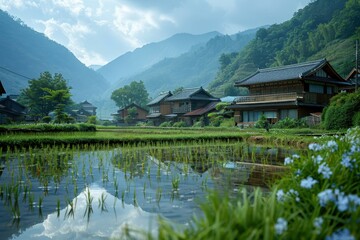 Fototapeta premium Serene Rice Field Landscape with Traditional Village Set Among Hills