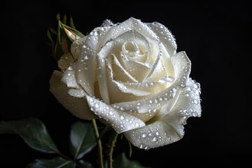 White rose with drops of water on black background close-up image