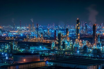 Naklejka premium A panoramic night view of an illuminated gas refinery, showcasing the facility's size and activity
