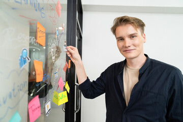 Closeup image of professional caucasian businessman presenting business marketing idea with confident by using mind map and colorful sticky note. Start up project concept. Portrait. Immaculate.