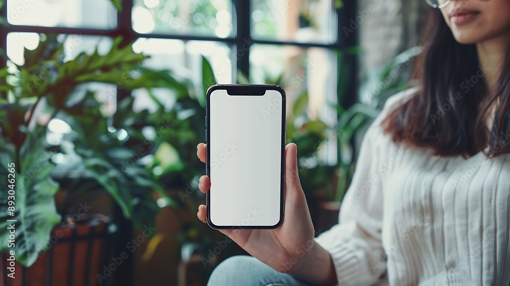 Poster mockup image of a woman holding and using mobile phone with blank desktop white screen at home : gen