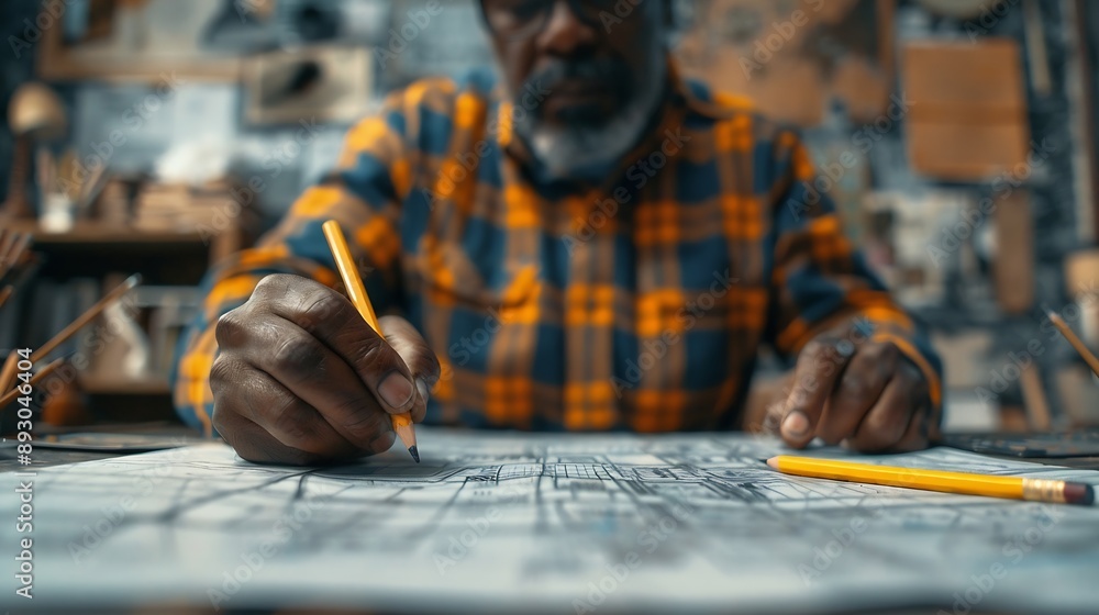 Poster Black man office and drawing on blueprint with pencil for planning a building design layout and project as architect Table construction and engineering person with idea for property re : Generative AI