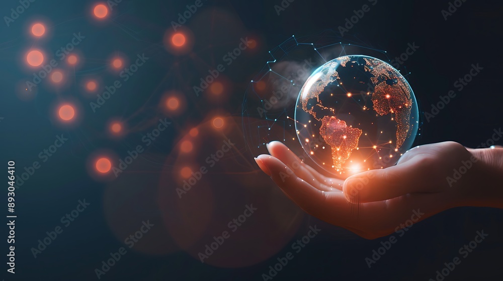 Poster businessman holding earth global network connection concept big data analysis world map points globa