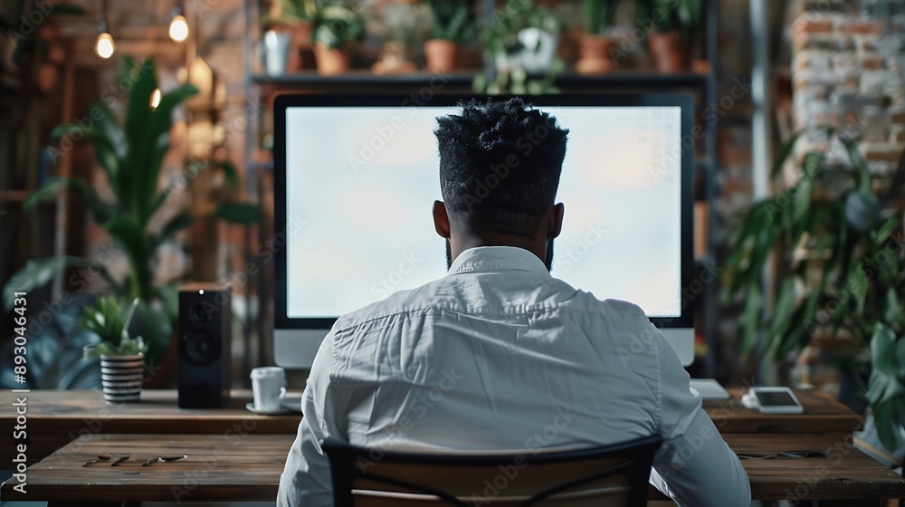 Aufkleber unrecognizable black businessman using computer with empty blank screen sitting at workplace in offi
