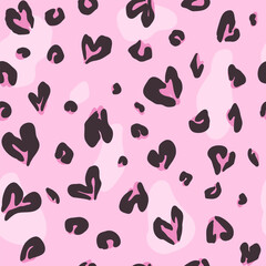 Leopard skin print with hearts in pink color. Vector Valentine Day background