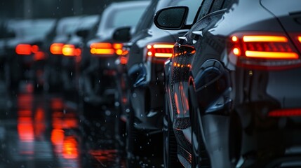 Fototapeta premium Black sedan cars standing in a row Fleet of generic modern cars Transportation Luxury car fleet consisting of generic brandless design isolated in dark background after rain wet surfac : Generative AI