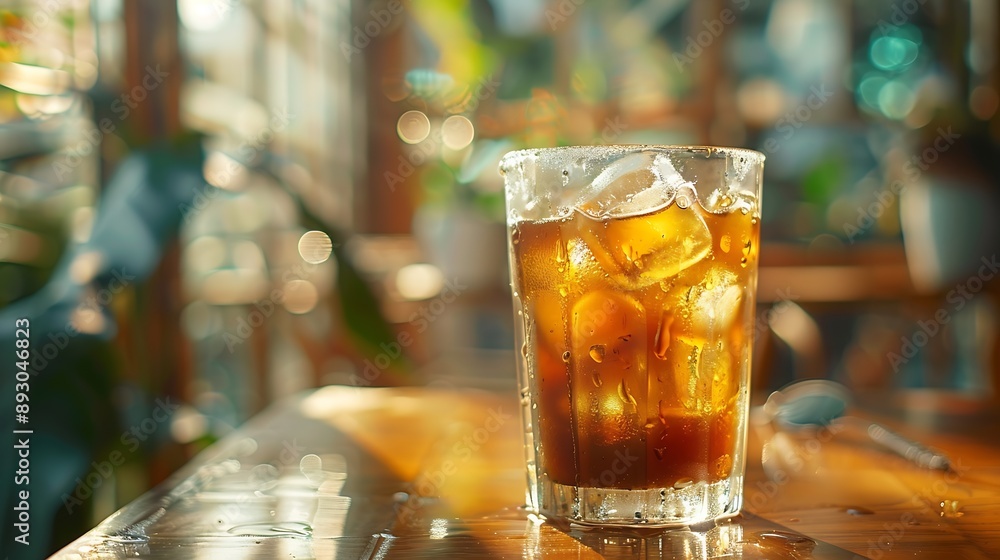 Poster iced coffee with ice cubes in a glass on the table : generative ai