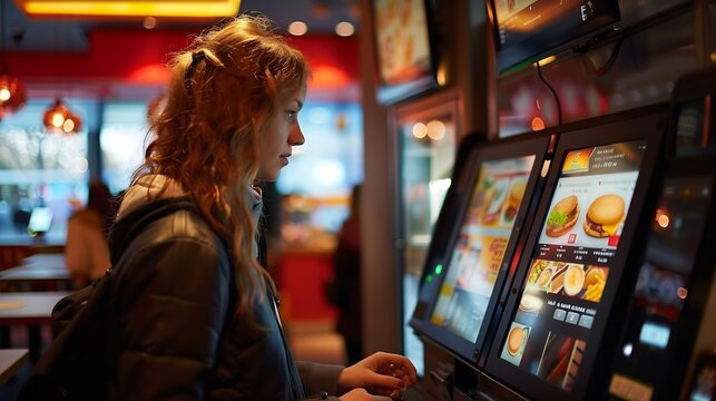 A female customer uses a touchscreen terminal or selfservice kiosk to order at a fast food restaurant Automated machine and electronic payment : Generative AI