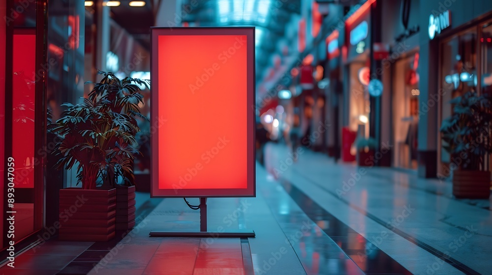 Poster red blank sign inside shopping mall mock up advertise display frame setting over the clothes line in the shopping department store for shopping business fashion and advertisement conce : Generative AI