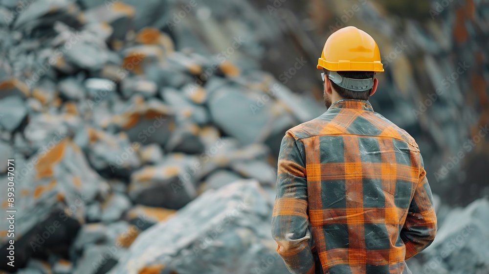 Leinwandbilder Man construction engineer wears helmet ensure safety when working in construction zone standing on pile rocks looking checking for completeness in case there is error so that it can be : Generative AI