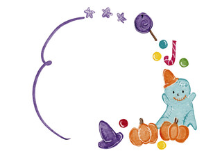 水彩で描いた秋のかわいいハロウィンかわいいおしゃれなフレームイラスト素材