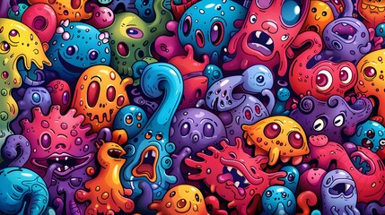Colorful Doodle Monsters: A whimsical and vibrant doodle pattern bursting with colorful cartoon monsters, perfect for adding a playful touch to any design project.  